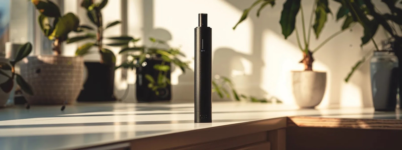 a sleek black branded nicotine vape sits on a clean, modern white countertop in a sunlit room, enhancing the online shopping experience in winnipeg.
