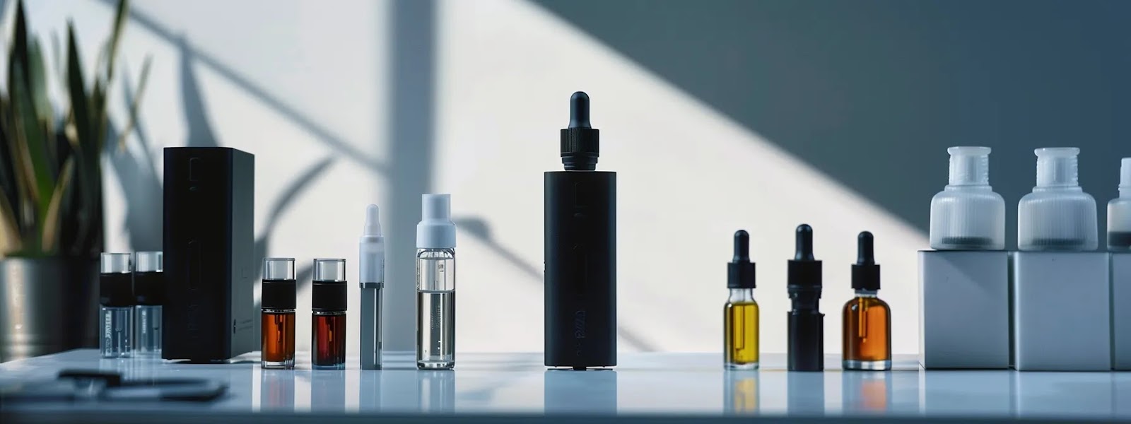 a sleek, modern vape device and various e-liquid bottles neatly arranged on a clean, white table. a sleek, modern vape device and various e-liquid bottles neatly arranged on a clean, white table.