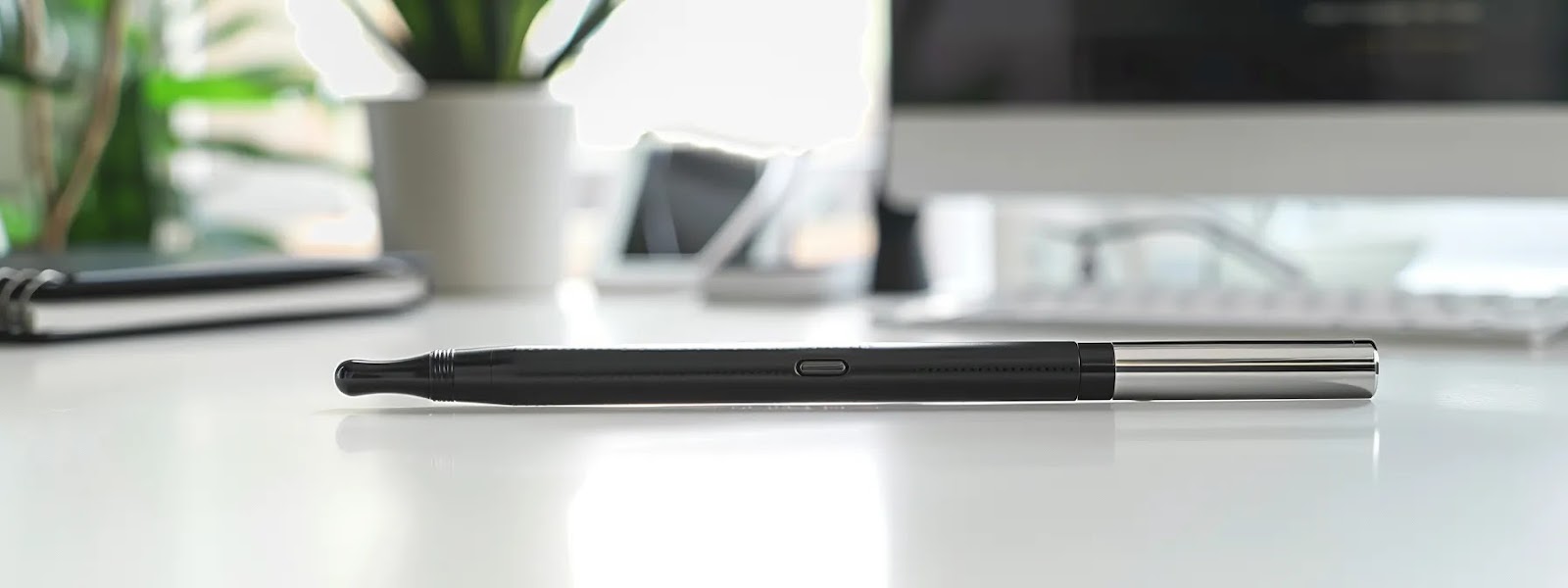 a sleek, modern nicotine vape pen resting on a clean, white desk, ready to be ordered online.