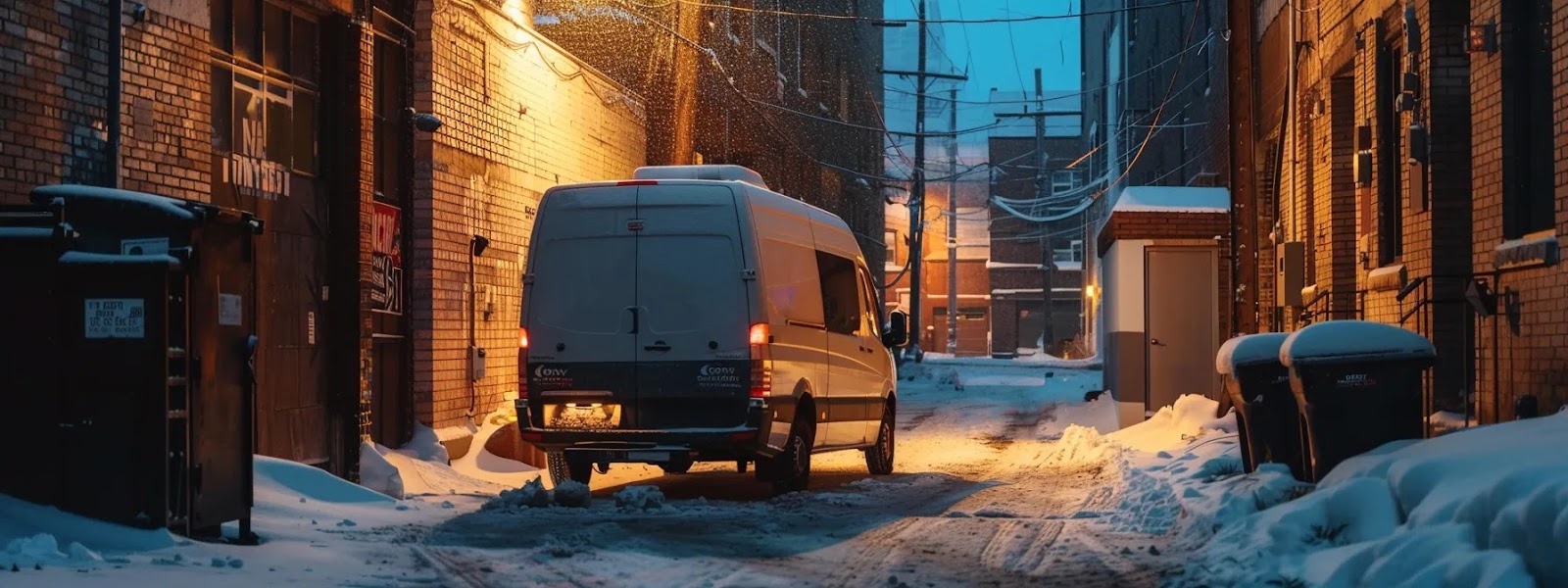 a sleek, modern vape delivery service vehicle parked in a snowy winnipeg alley.