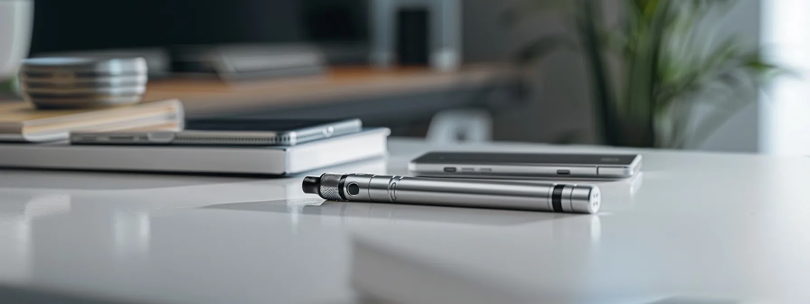 a sleek silver vape pen resting on a modern white countertop, next to a stack of neatly arranged nicotine pods, with a smartphone displaying a delivery confirmation message in the background, showcasing the efficiency of fast vape delivery services in winnipeg.
