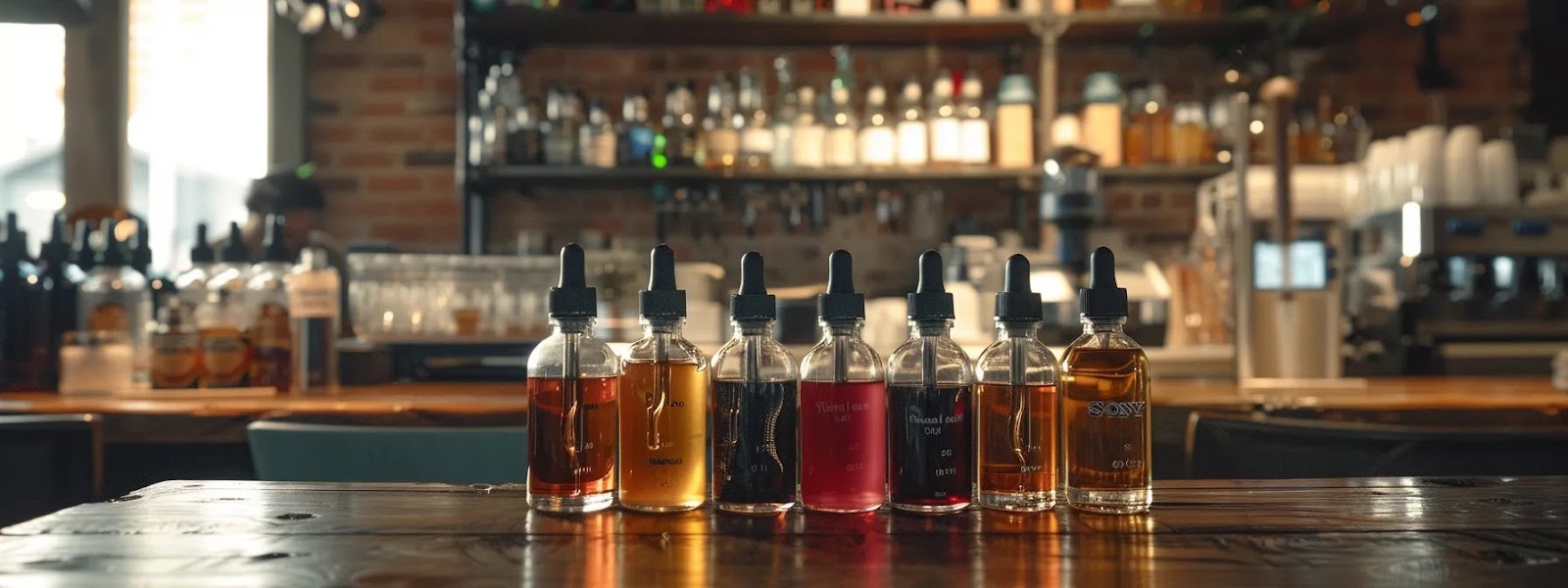 a sleek, modern vape device surrounded by a variety of flavored e-liquid bottles on a stylish table in a trendy winnipeg cafe.