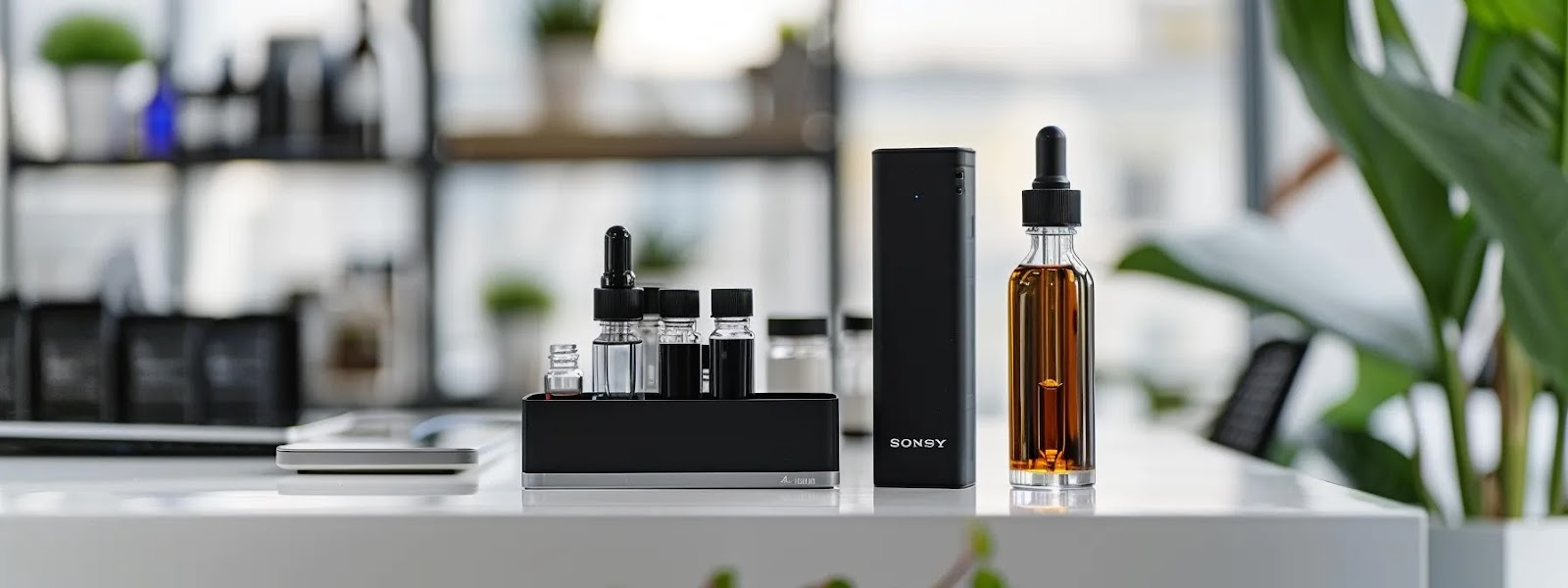 a sleek, modern vape subscription box sitting on a clean, white desk with a variety of exotic e-liquid flavours displayed beside it. a sleek, modern vape subscription box sitting on a clean, white desk with a variety of exotic e-liquid flavours displayed beside it.