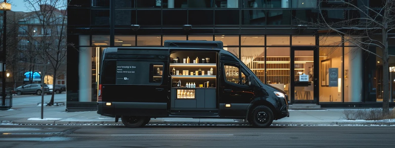 a sleek, modern e-cigarette delivery service van parked in downtown winnipeg, showcasing a minimalist design with nicotine vape products on display.