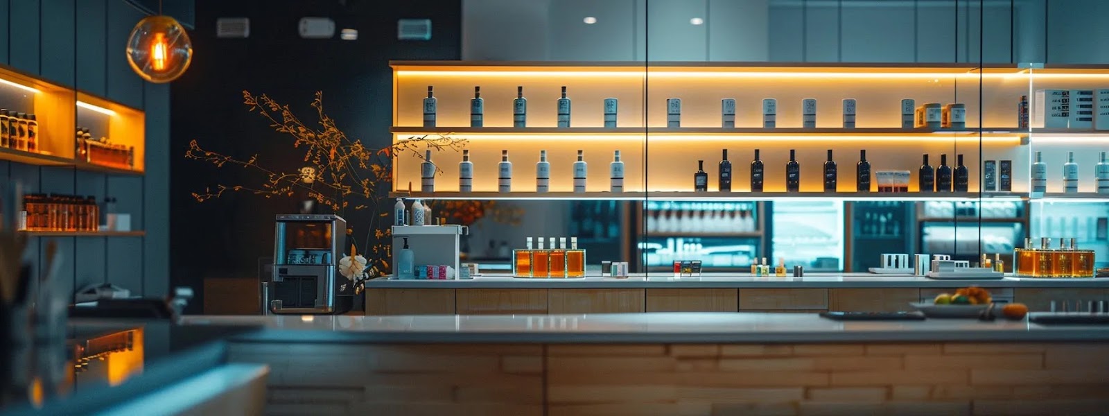 a sleek, modern vape shop interior with a minimalist display of branded nicotine vapes.